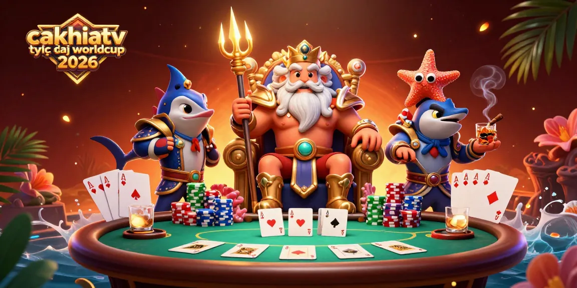 CakhiaTV trực tiếp Worldcup 2026 scene depicts a vibrant gambling atmosphere with Neptune and poker elements.