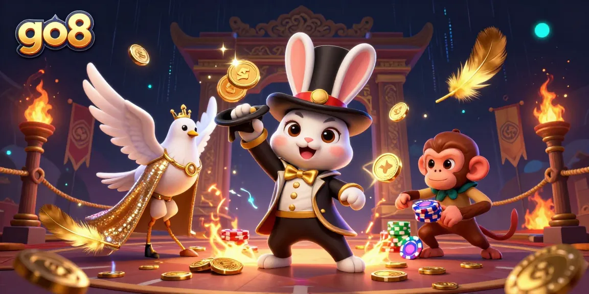 Experience thrilling moments at go8 as a magician rabbit conjures coins amidst a vibrant casino scene.