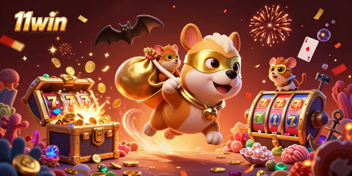 Experience thrilling wins with 11win as the 3D superhero dog flies with a bag of coins amidst casino treasures.