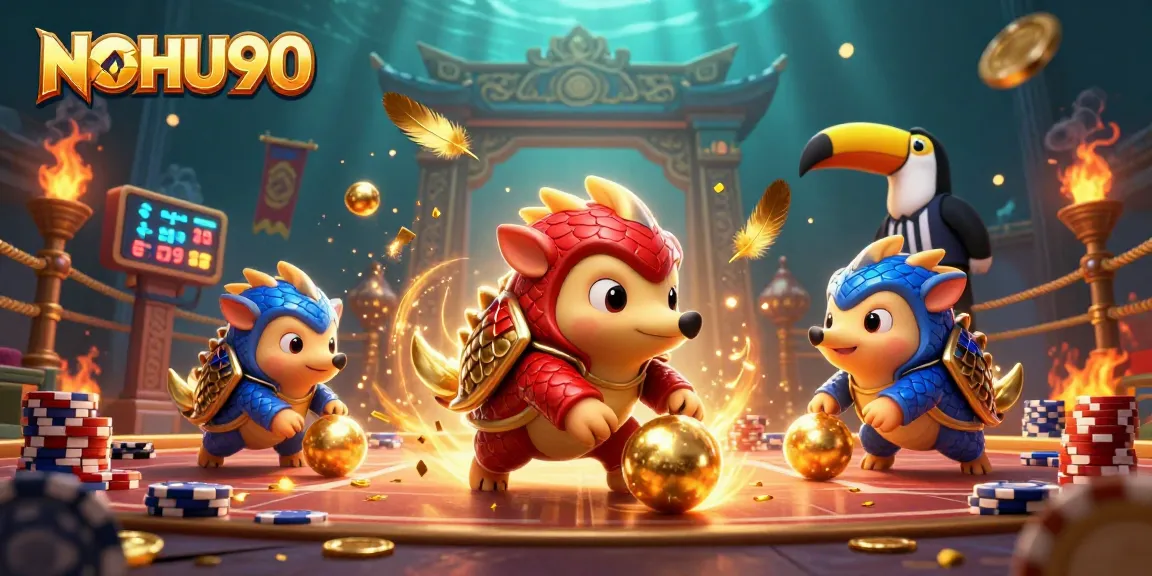 NOHU90 pangolins roll into golden balls, amidst poker chips and casino elements in vibrant 3D illustration.