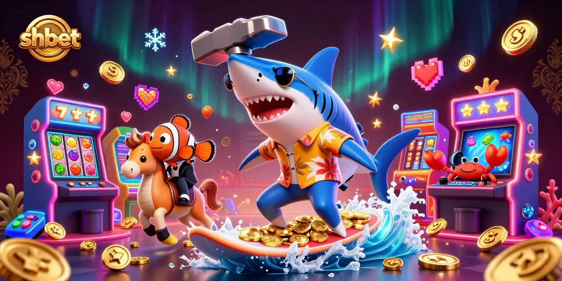 Join the thrilling shbet experience as a shark surfs in gold, showcasing vibrant casino elements.