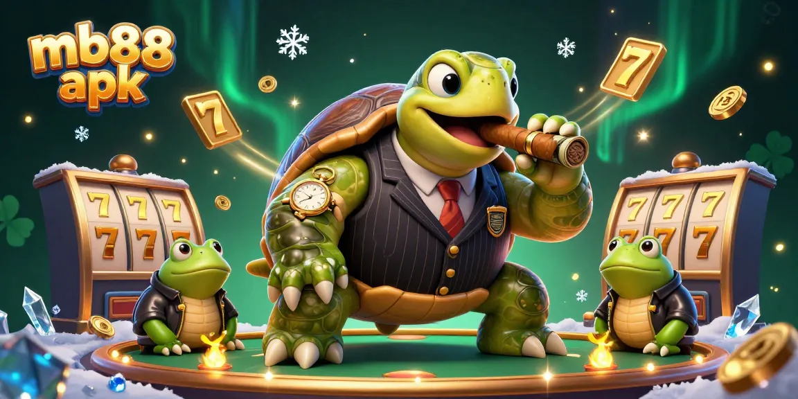 Experience winning thrills with mb88 apk in 3D cartoon illustration featuring a turtle in a mobster suit.