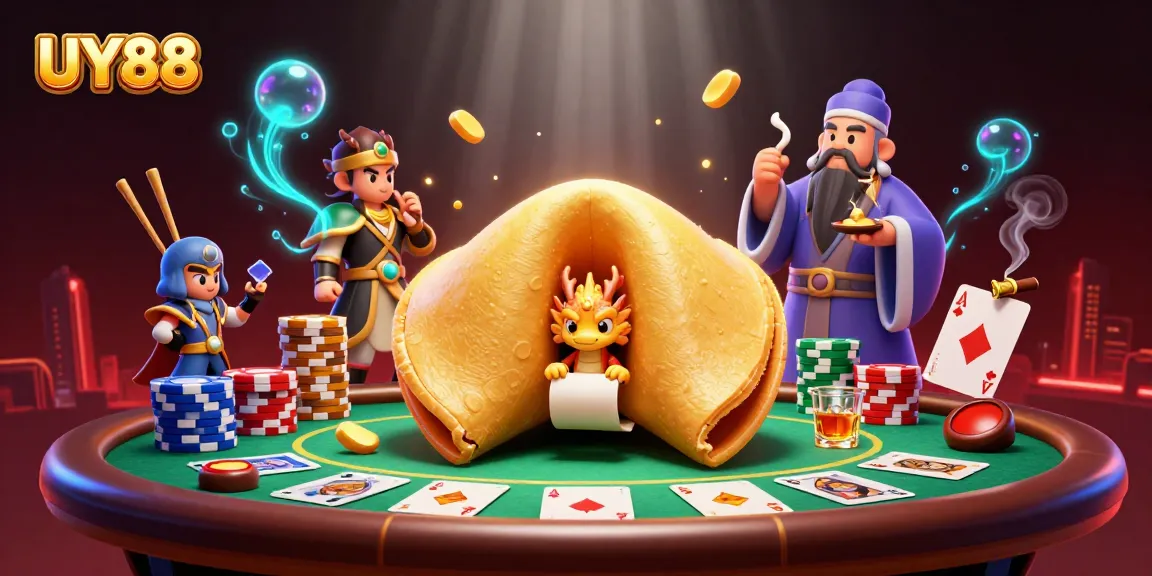 Experience winning moments at UY88 with an illustration of fortune cookies, poker chips, and a wise dragon.